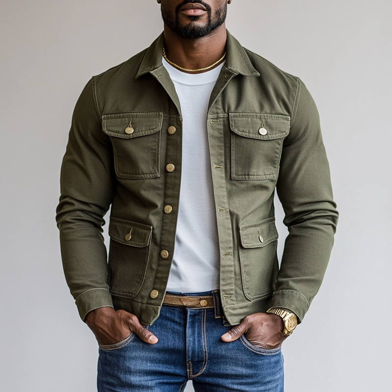 Men's Solid Color Lapel Multi-pocket Single Breasted Cargo Jacket