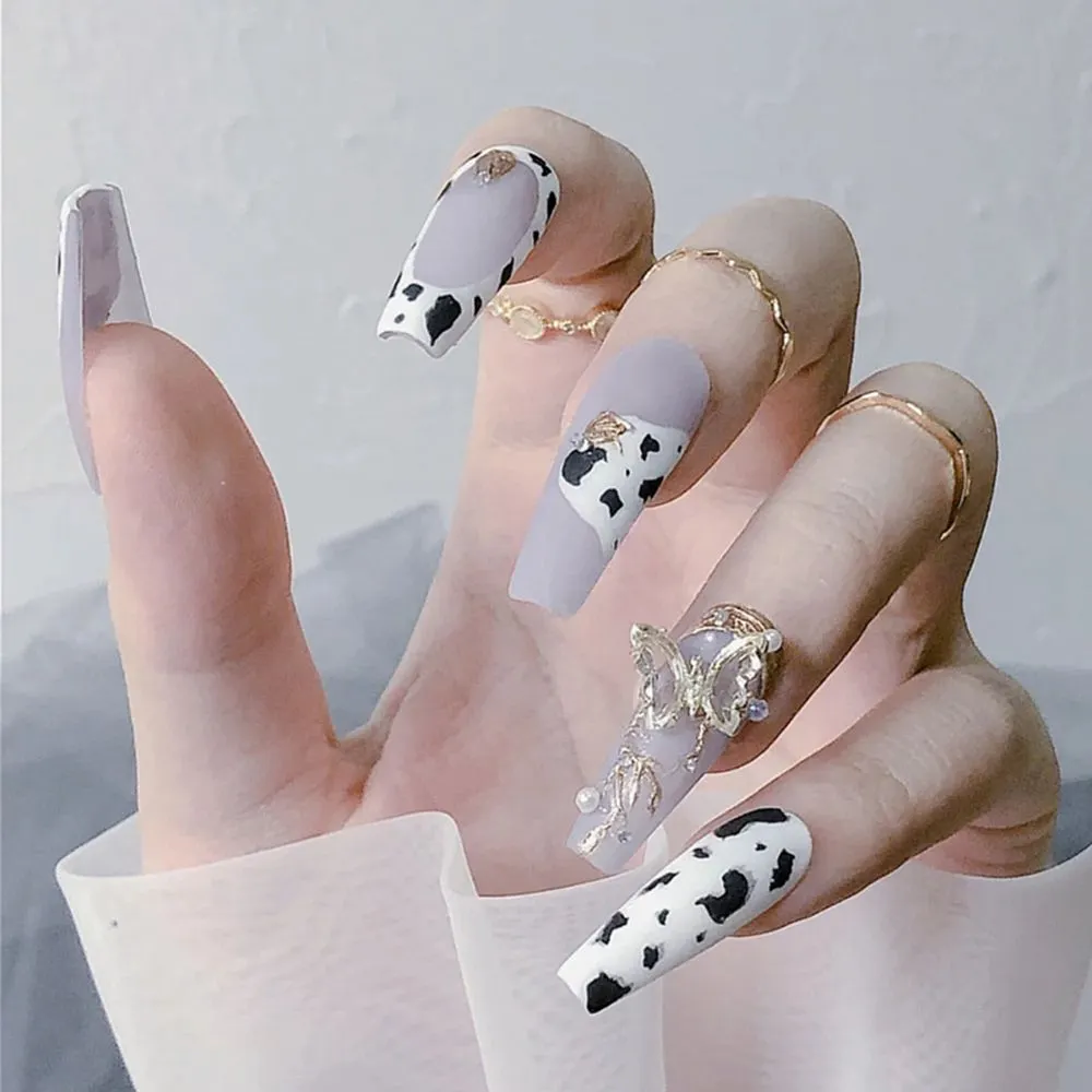 24Pcs Long Ballerina False Nail Love Pattern French Coffin Fake Nails Full Cover Wearable DIY Manicure Tools Press On Nails-Nail Inspo