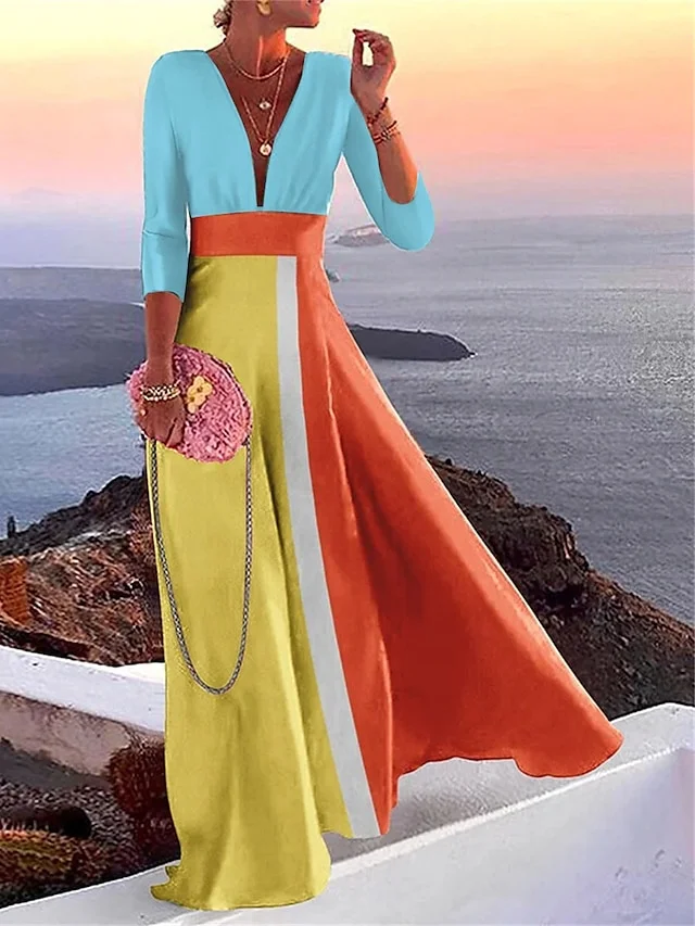Women's Casual Dress Color Block Patchwork V Neck Maxi long Dress Casual Daily 3/4 Length Sleeve Summer Spring