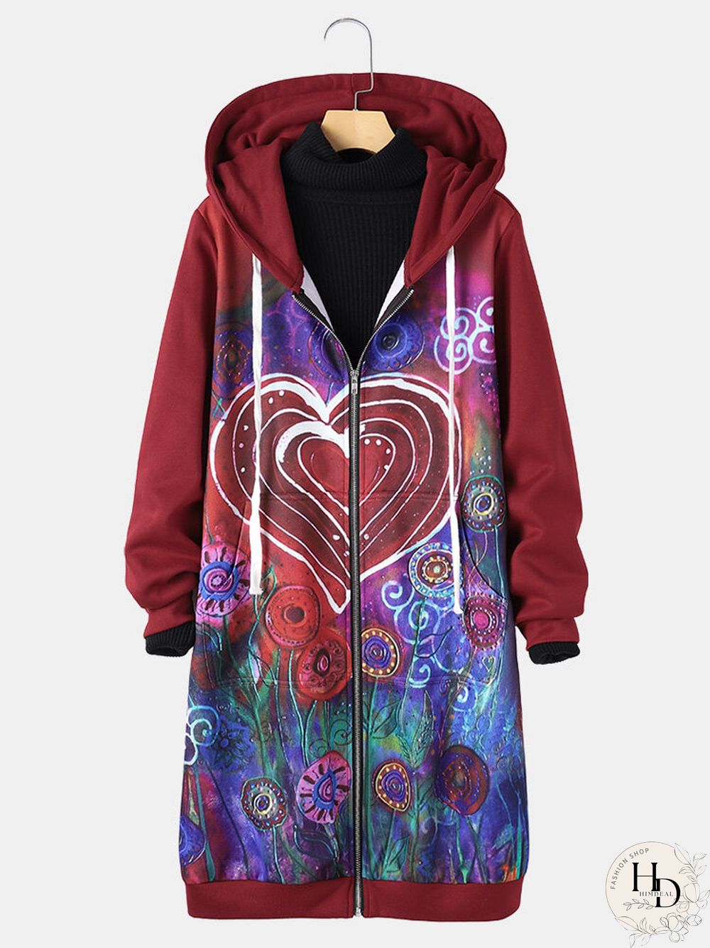 Vintage Heart Floral Printed Hooded Coat For Women