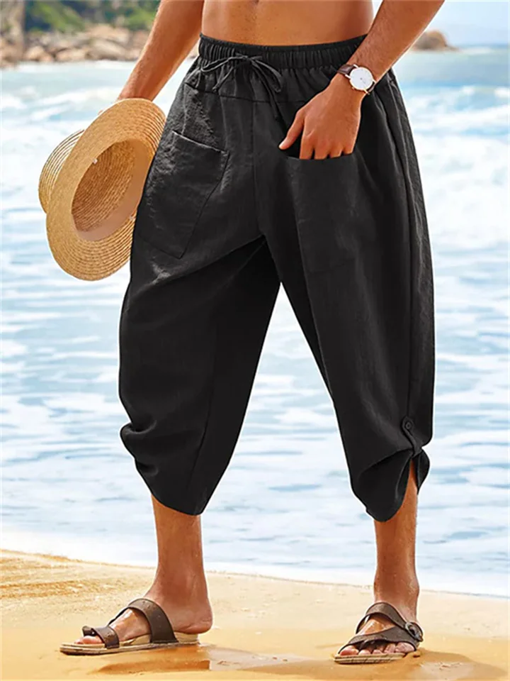 Men's Shorts Linen Shorts Summer Shorts Beach Shorts Capri Pants Drawstring Elastic Waist Front Pocket Plain Comfort Breathable Daily Holiday Going out Linen / Cotton Blend Hawaiian Boho Black Green | 168DEAL