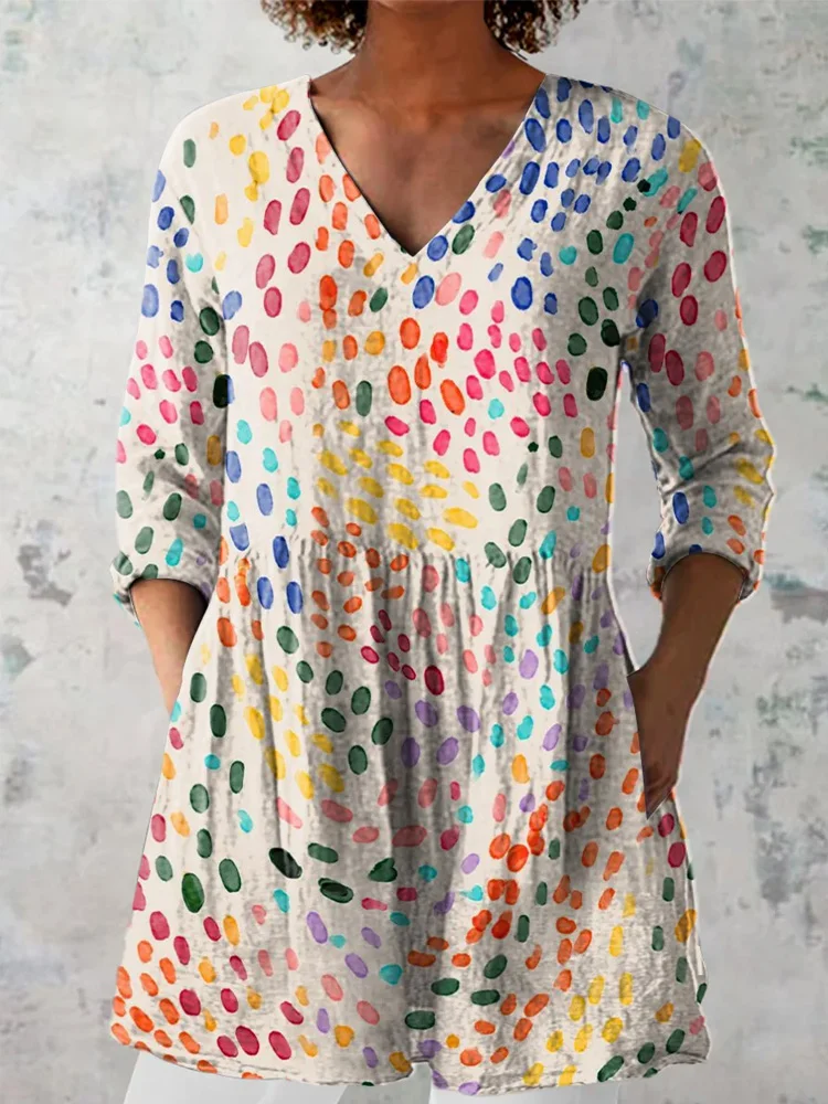 Lunivibe Watercolor Polka Dot Pattern Printed Women's Casual Linen V-neck Shirt