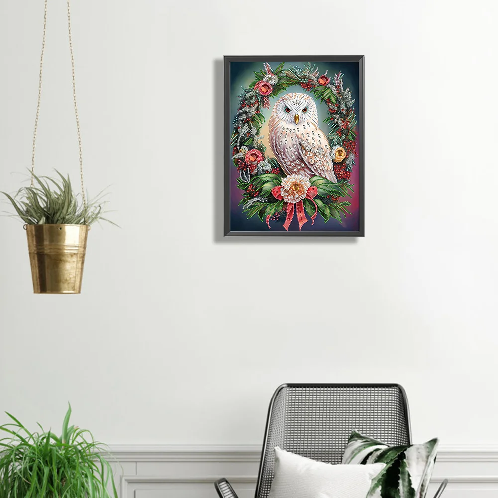 Diamond Painting - Partial Special Shaped Drill - Xmas Owl Wreath(Canvas|30*40cm)