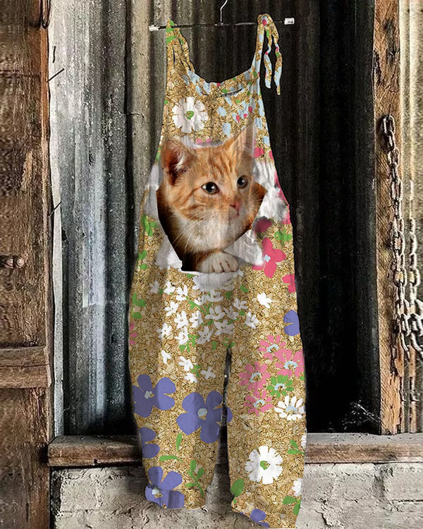 Women's  Cat And Flower Print Loose Casual Jumpsuit