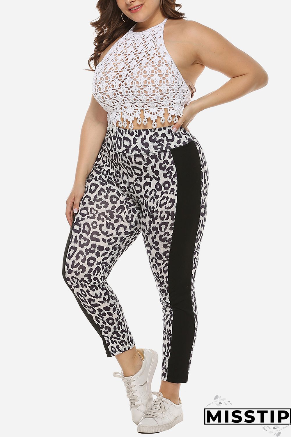 Leopard Fashion Casual Patchwork Leopard Plus Size Trousers