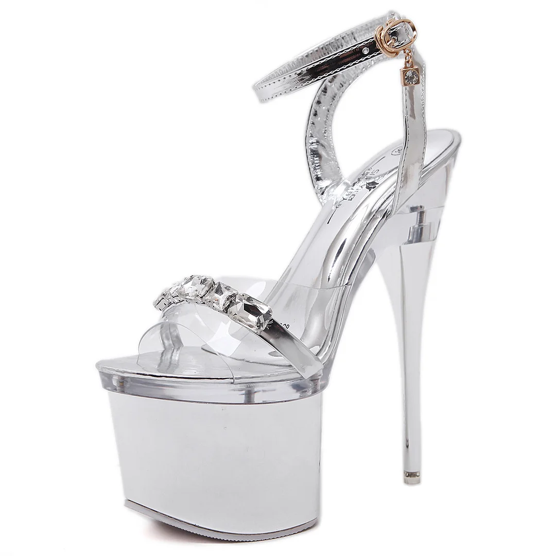 Wongn Wongn Plus Size Ultra High Heel Fish Mouth Shoes Silver Fine Heel Cross Strap Female Al Nightclub Sex Size 43