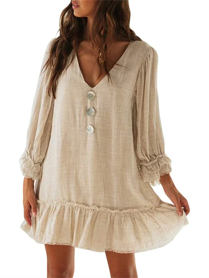 New Solid Color Women's A-line Dress Hot Sale Loose Long-sleeved Ruffled Hem Urban Casual Cotton Linen Dresses