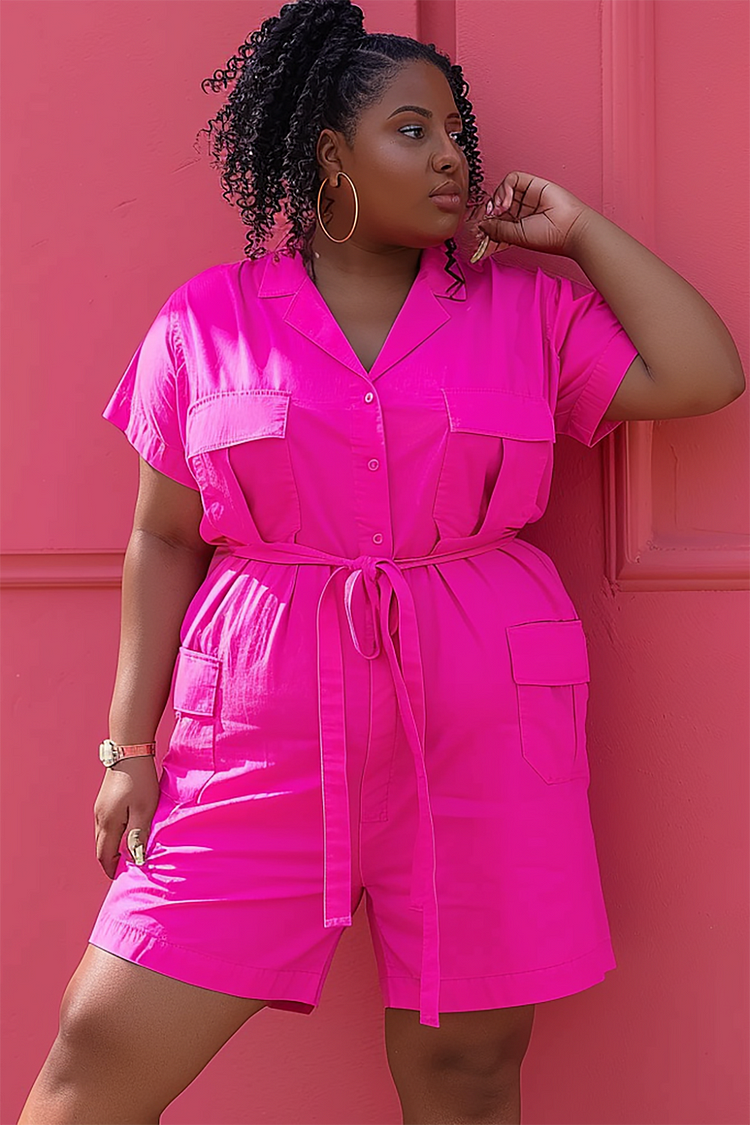 Xpluswear Design Plus Size Daily Hot Pink Shirt Collar Short Sleeve Wrap Pocket Linen Rompers [Pre-Order]