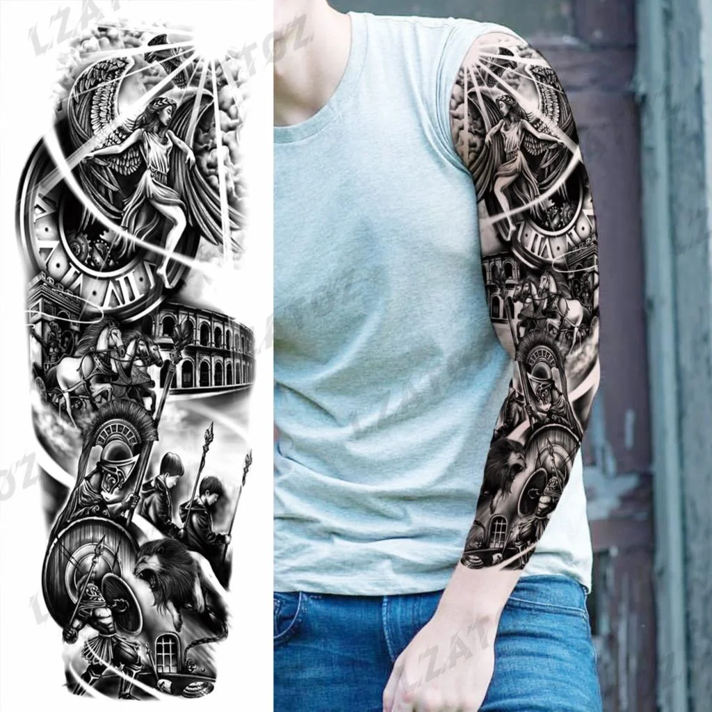 Sdrawing Sleeve Temporary Tattoos For Men Women Realistic Pirate Ship Wolf Tiger Skull Rose Flower Fake Tattoo Sticker Arm Tatoos