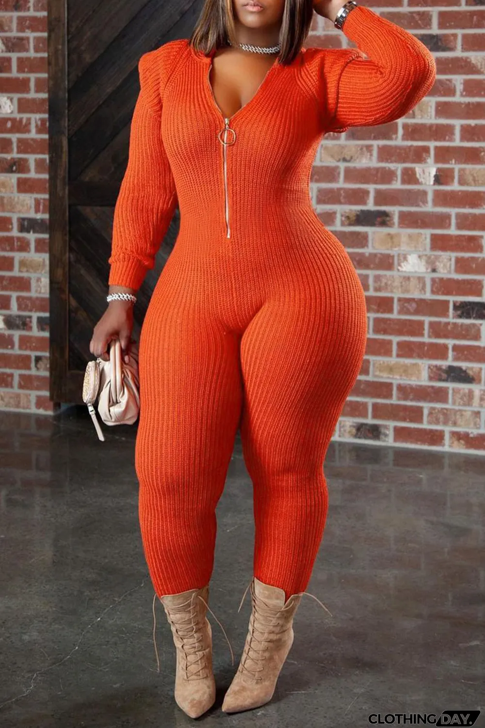 Khaki Casual Solid Split Joint Zipper Hooded Collar Plus Size Jumpsuits