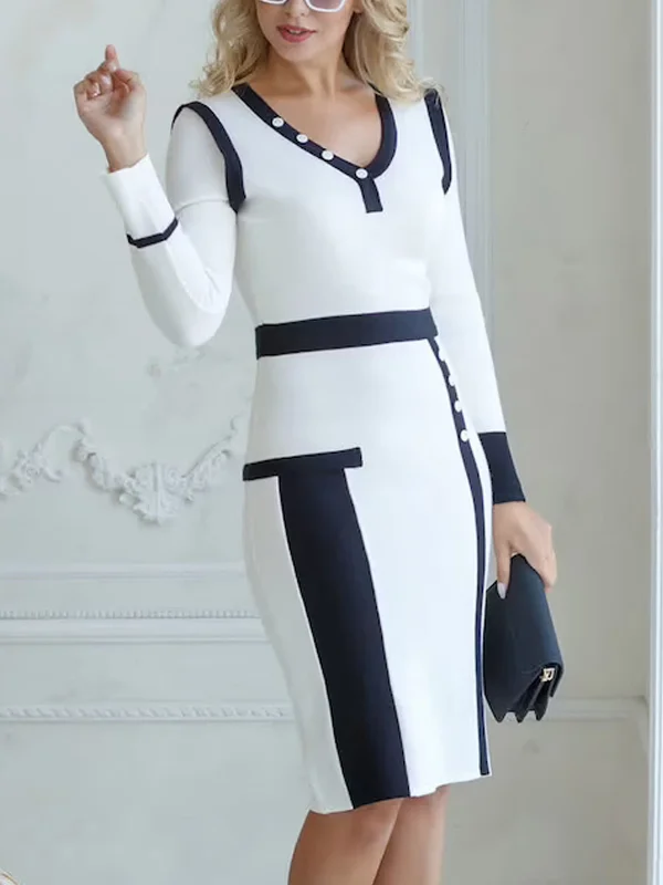 Round Neck Long Sleeve Color Block Tight Dress