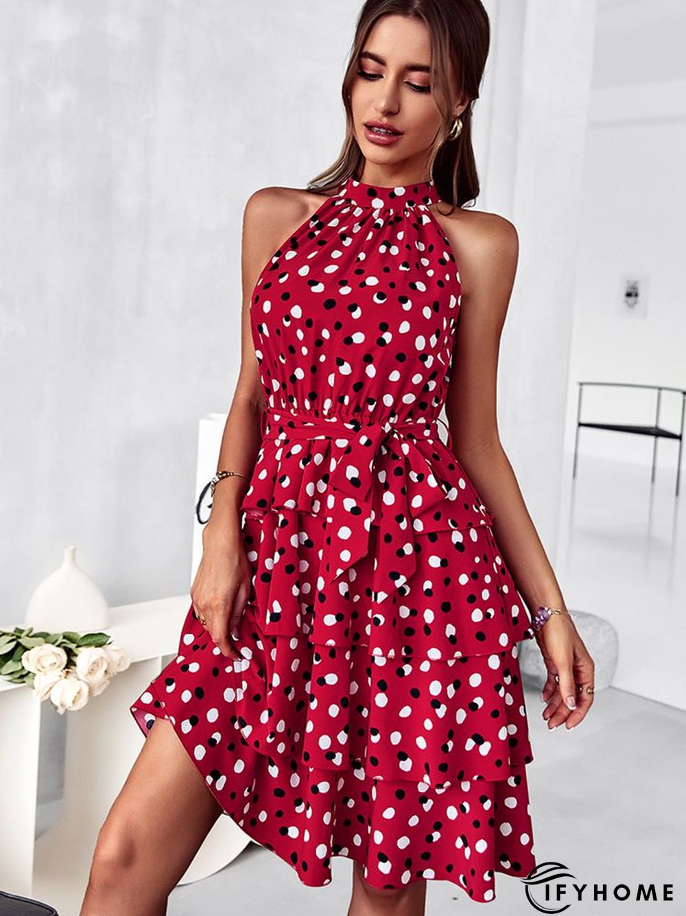 Temperament Casual Polka Dot Cake Dresses Women Summer Halter Neck Sleeveless Lace Up All Match A Line Dress | IFYHOME