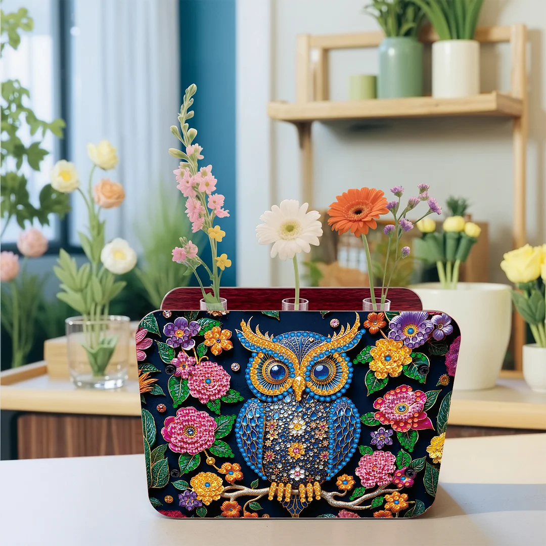 Owl DIY Flower Vase Wooden Double Sided Desktop Diamond Art Kit for Home Decor