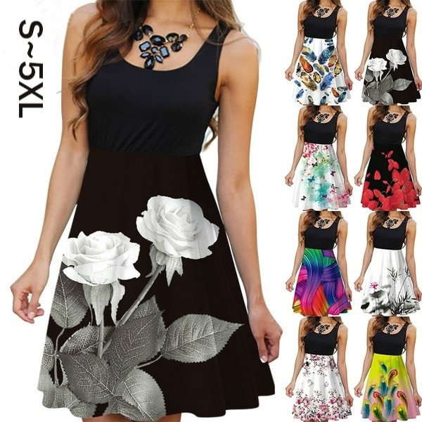 Summer Women Round Neck Dress Casual Sleeveless Dress Floral Printed Dress Slim Flower Dress - Chicaggo