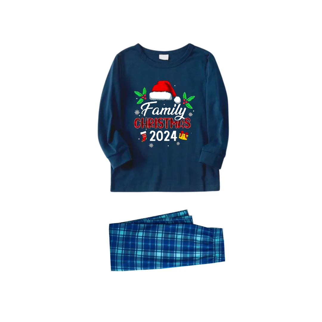 Santa Hat and "Family Christmas 2024" Printed Blue Christmas Matching Pajamas