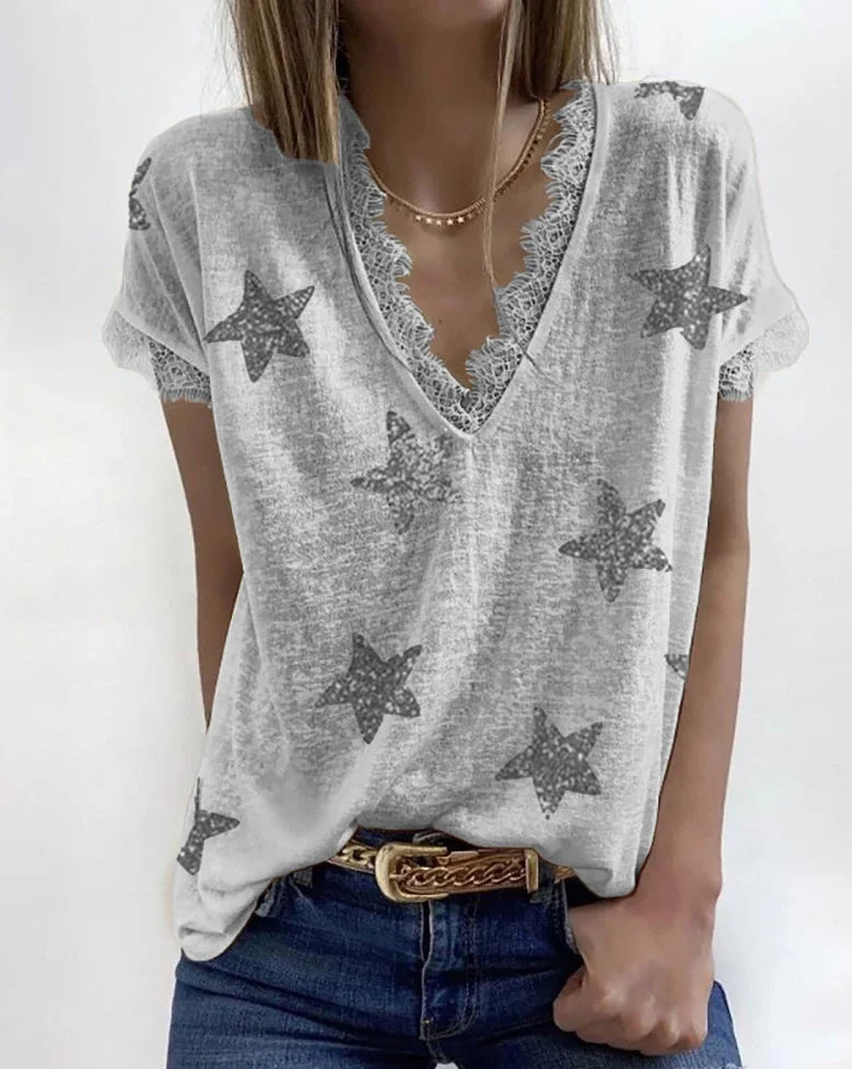 Women's Summer V-neck Lace Loose Print T-shirt