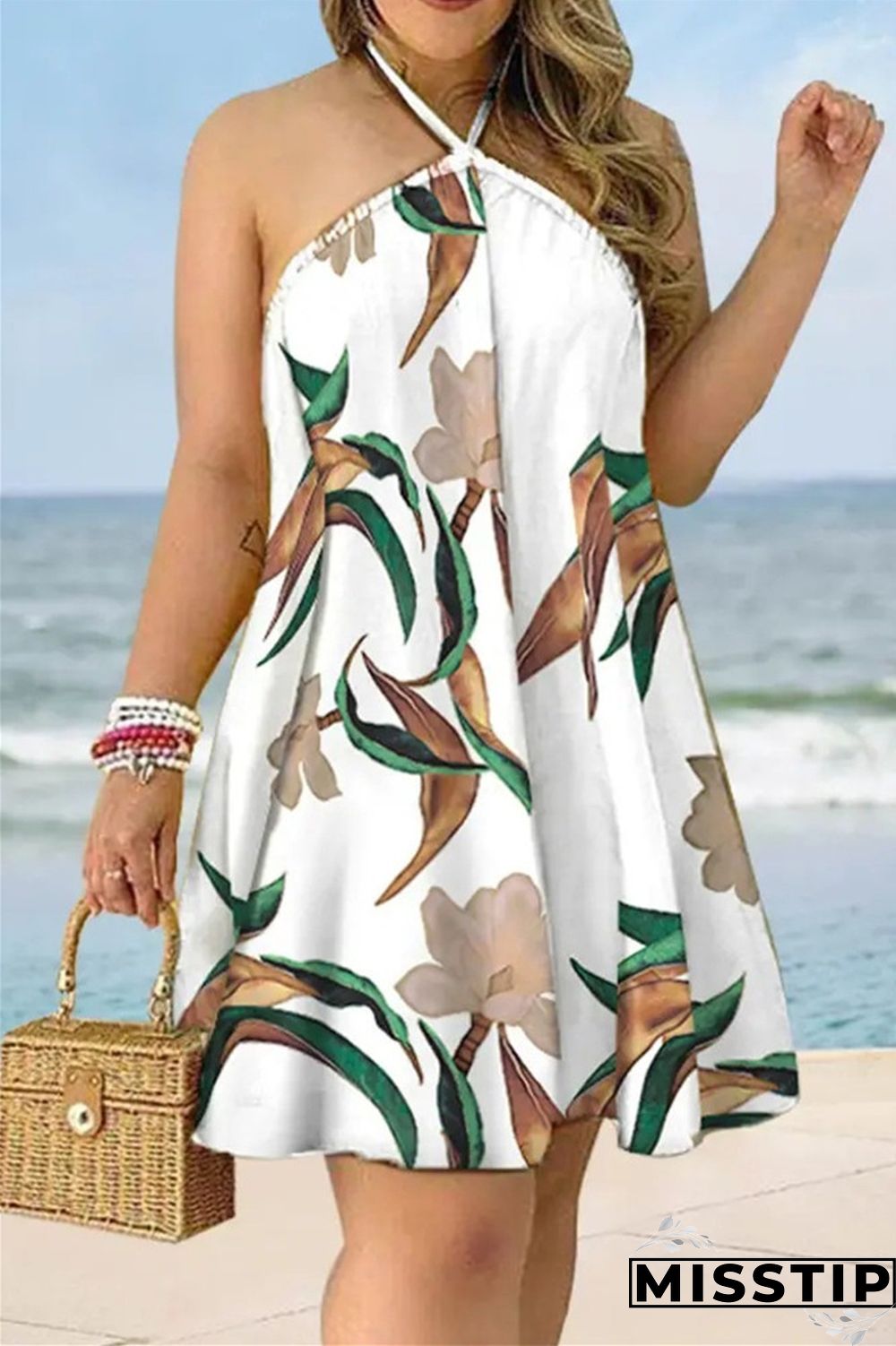 Gradient Color Fashion Casual Print Bandage Backless Halter Sleeveless Dress Dresses