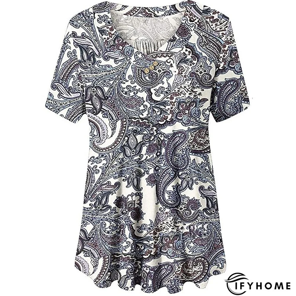 Women's Shirt Blouse Denim Blue Black White Leopard Floral Print Short Sleeve Casual Holiday Basic V Neck Regular Floral Plus Size M | IFYHOME