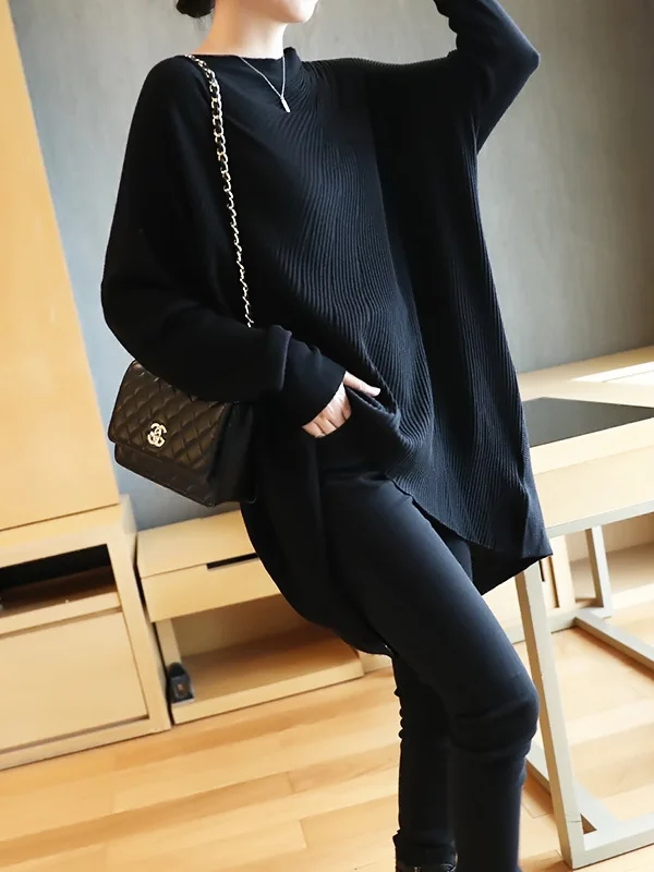 Original Creation High-Low Batwing Sleeves Solid Color Sweater Tops Pullovers