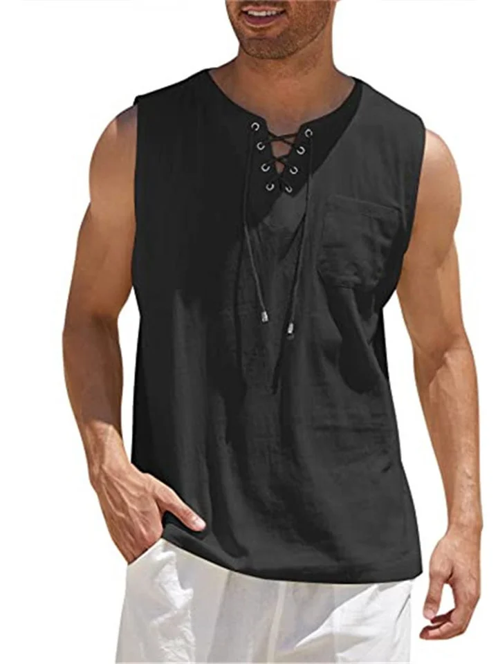 Summer New Hot Men's Slim Pocket Decorated Cotton Linen Solid Color Youth Popular Fashion Sleeveless Laced Casual Undershirt Shirt-Cosfine