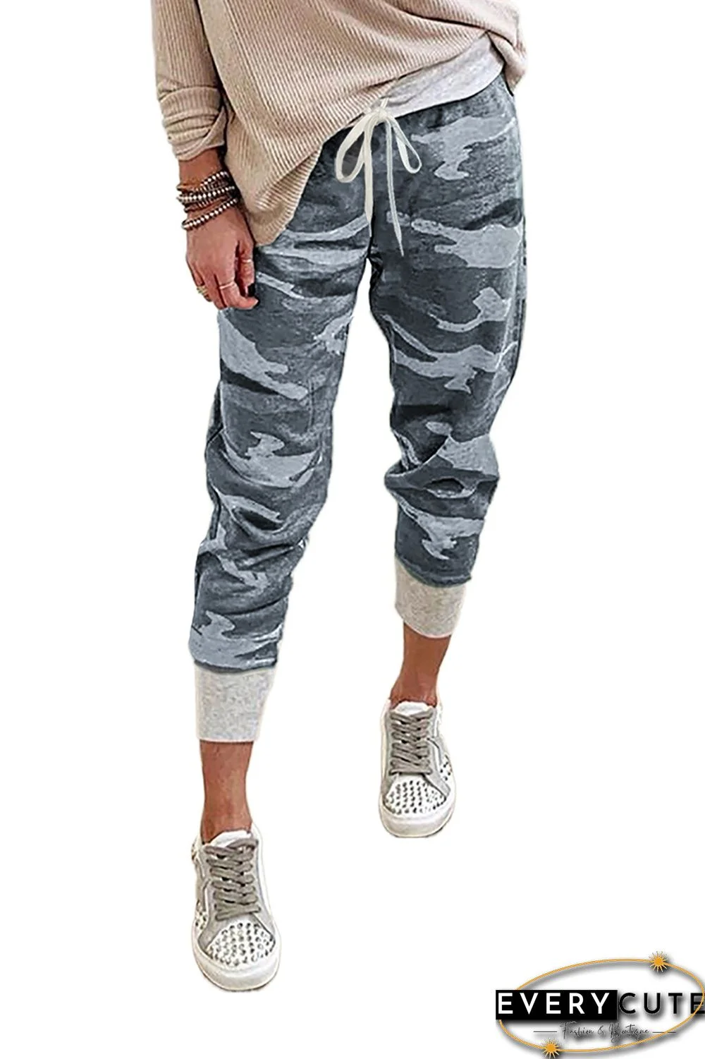 Gray Camo Print Knit Sport Pants