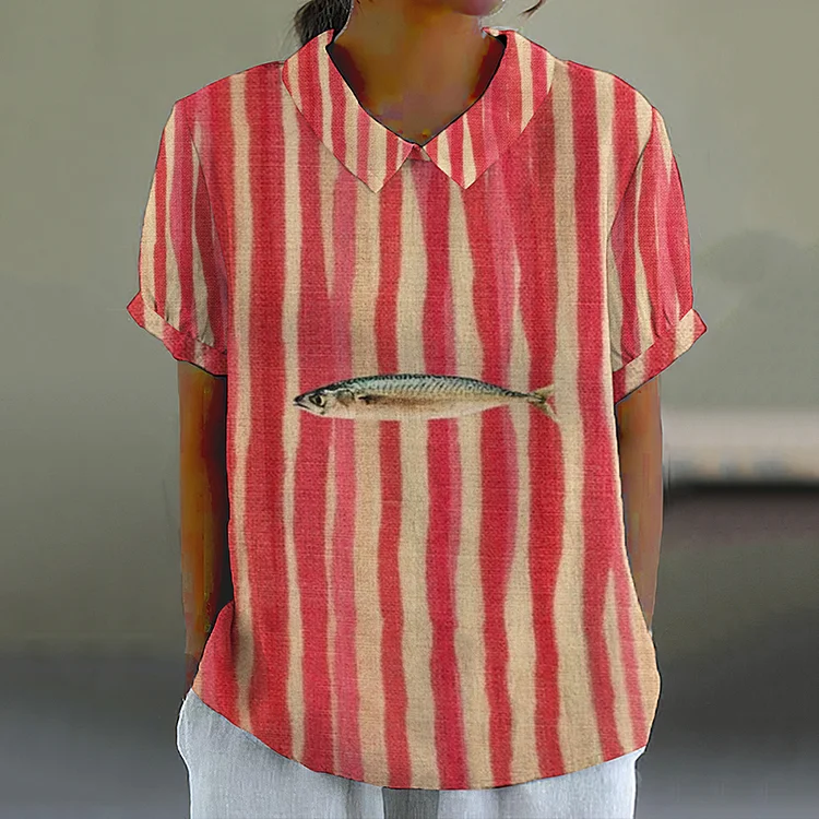 Retro Pink Stripes Sardines Fish Art Pattern Printed Casual Women's  Cotton Linen Shirt
