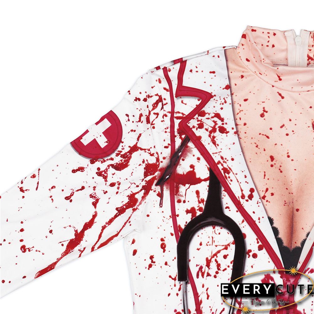 Women Halloween Dress Sexy Bloody Print Long Sleeve Mini Bodycon Dress Emo Girl Gothic Clothes Holiday Party Dresses