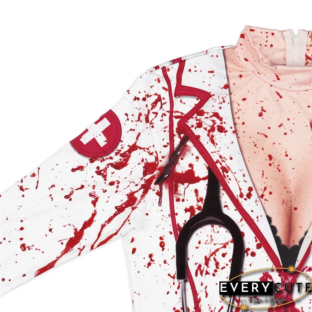 Women Halloween Dress Sexy Bloody Print Long Sleeve Mini Bodycon Dress Emo Girl Gothic Clothes Holiday Party Dresses