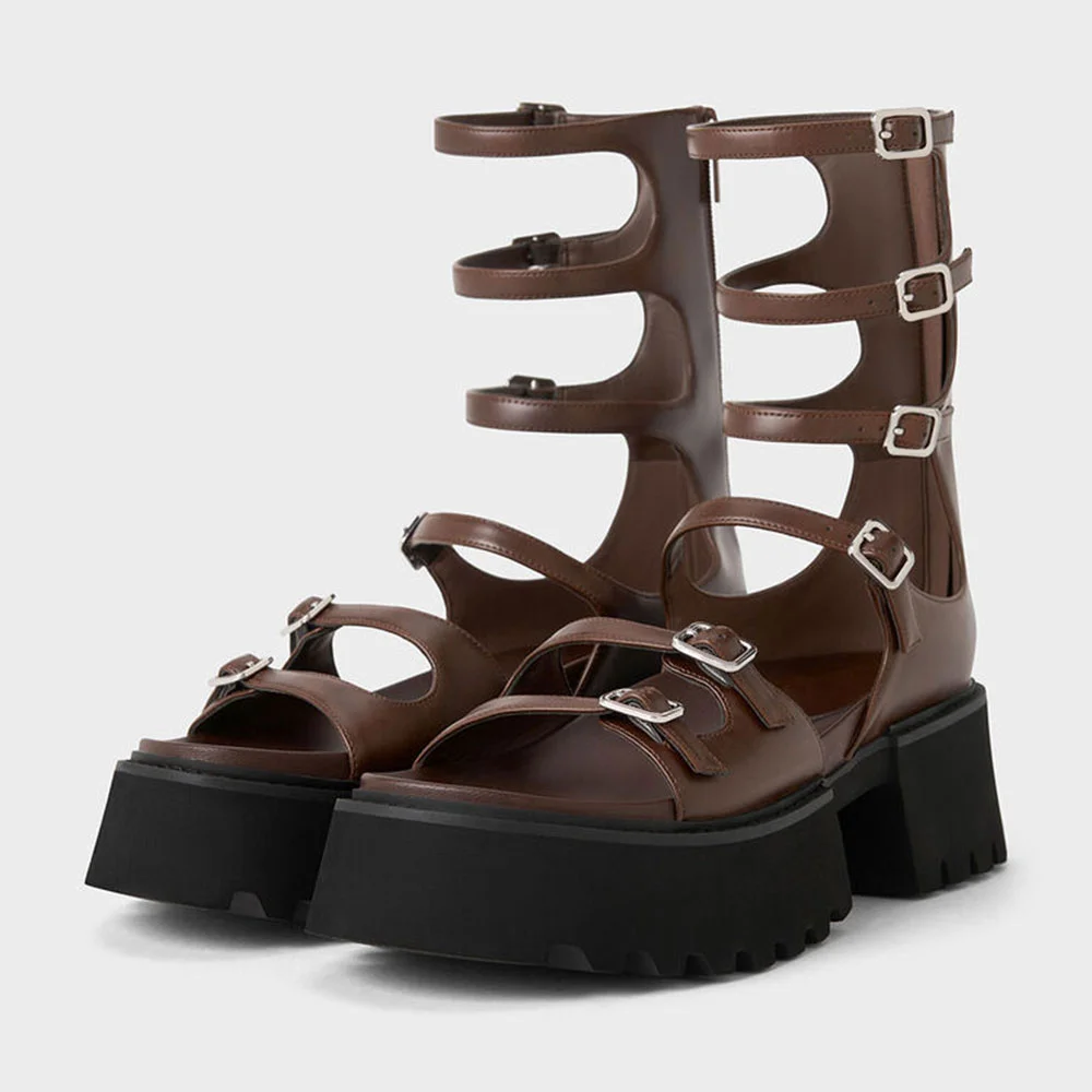 Brown Round Toe Platform Mid Heel Buckled Gladiator Sandals for Women