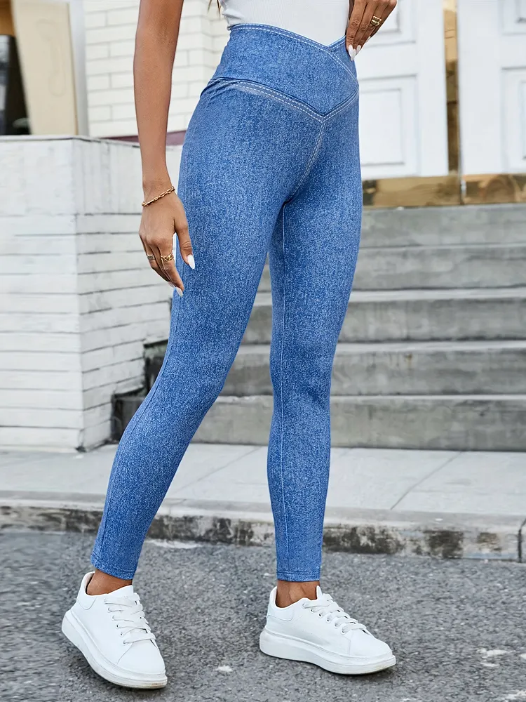 Womens High-Waisted Stretch Skinny Pants With Cross-Front Pocket Solid Color Tummy