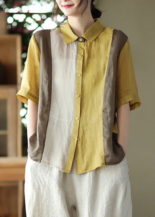 Plus Size Yellow Peter Pan Collar Solid Ramie Shirts Summer