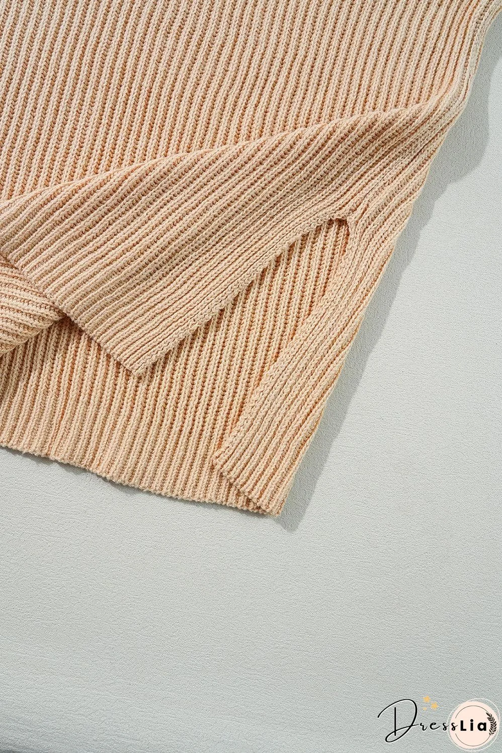 Apricot Cable Knit Drop Shoulder Side Slits Loose Sweater