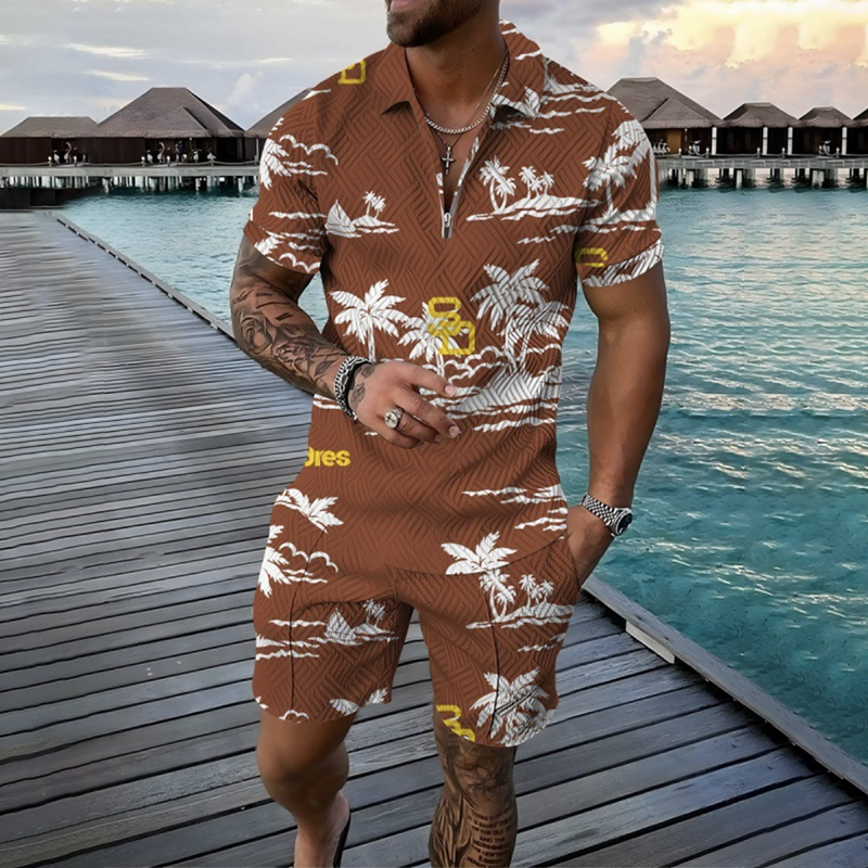 Men's Coconut Tree Pattern Holiday Casual Polo Shirt And Shorts