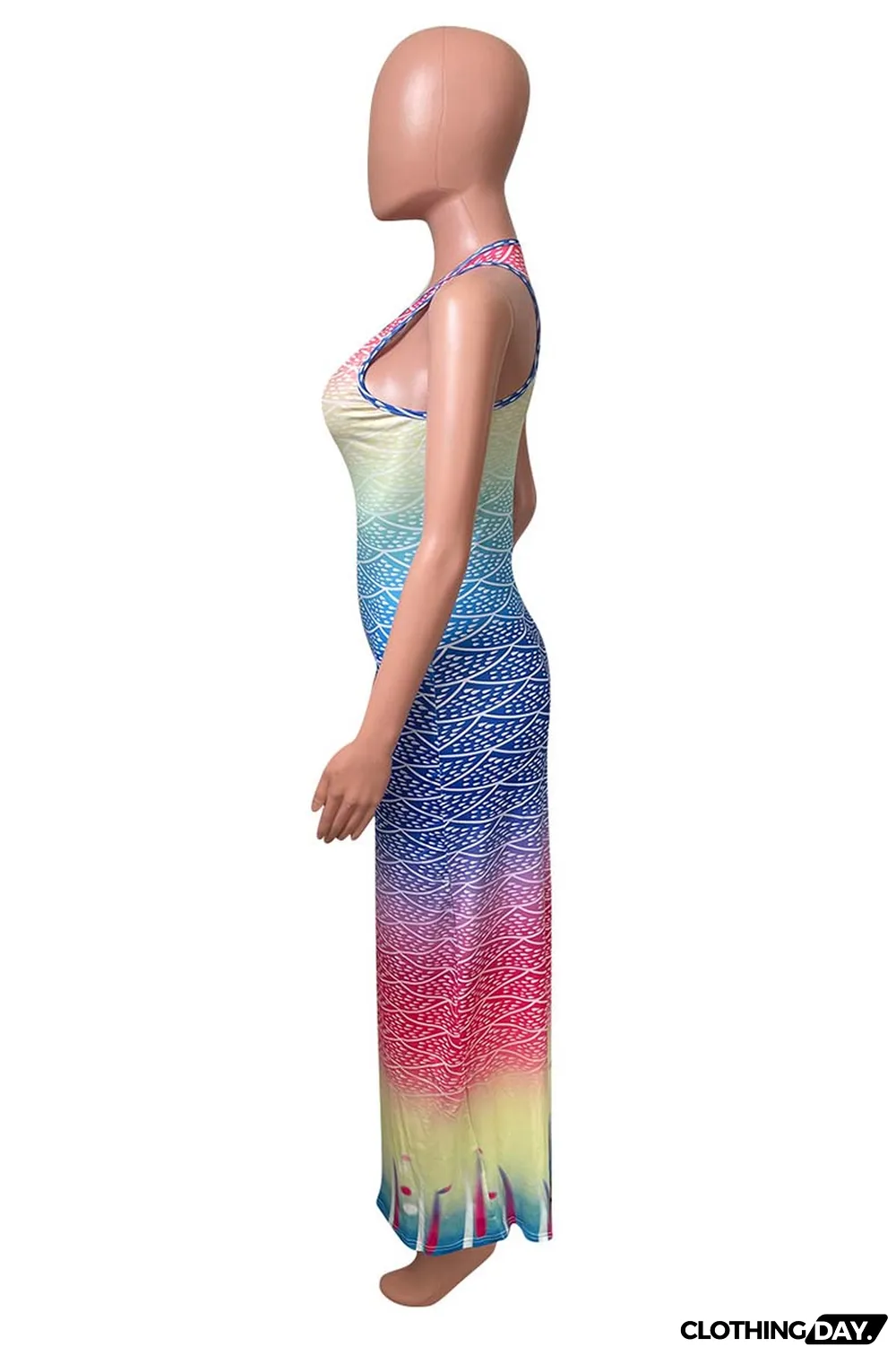 Blue Fashion Sexy Gradual Change Print Basic U Neck Vest Dress