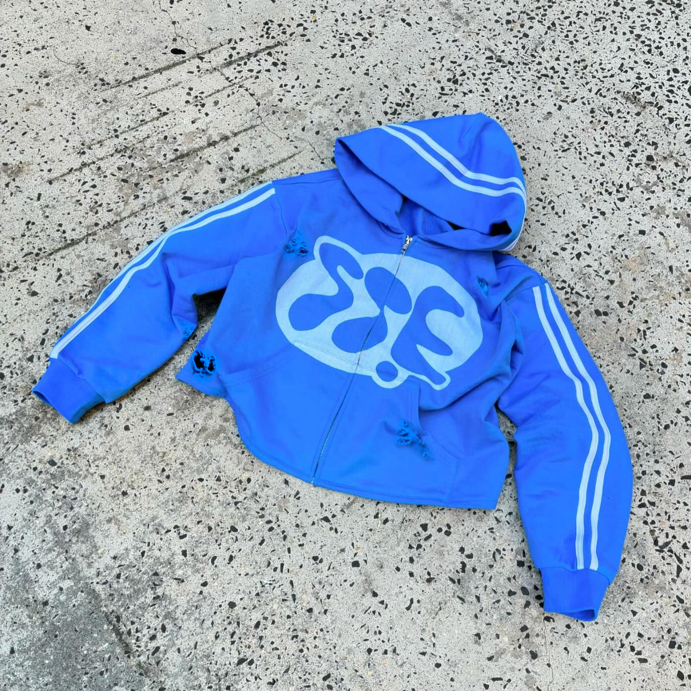 Solid Color Ripped Cropped Zip-Up Hoodie