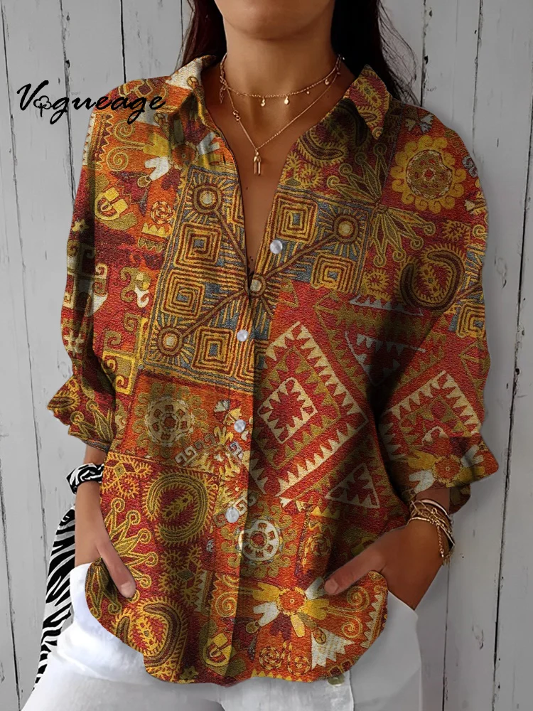 Fashion Retro Ethnic Pattern Printed Cotton And Linen Shirt