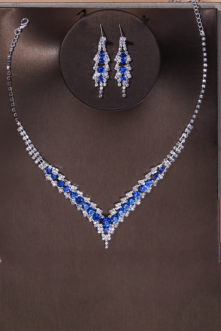 Rhinestone V-Shaped Necklace Dangle Earrings Jewelry Set-Blue