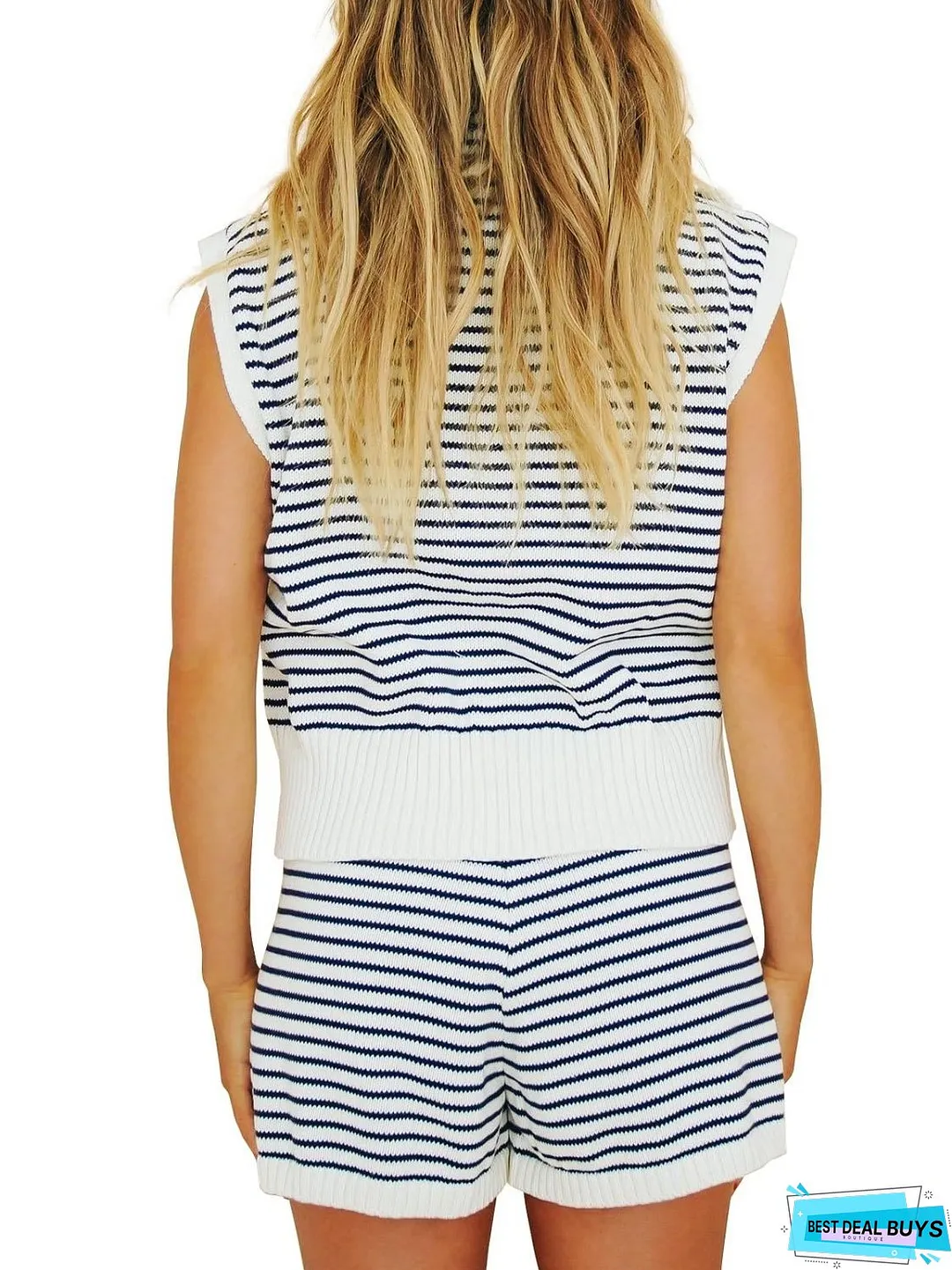 Striped Cap Sleeve Top and Shorts Sweater Set