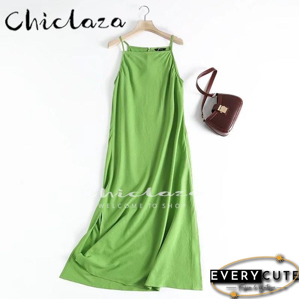 Summer Women Fashion Sleeveless Linen Slip Party Dresses Female Slim Solid Color Simple Casual Midi Dress