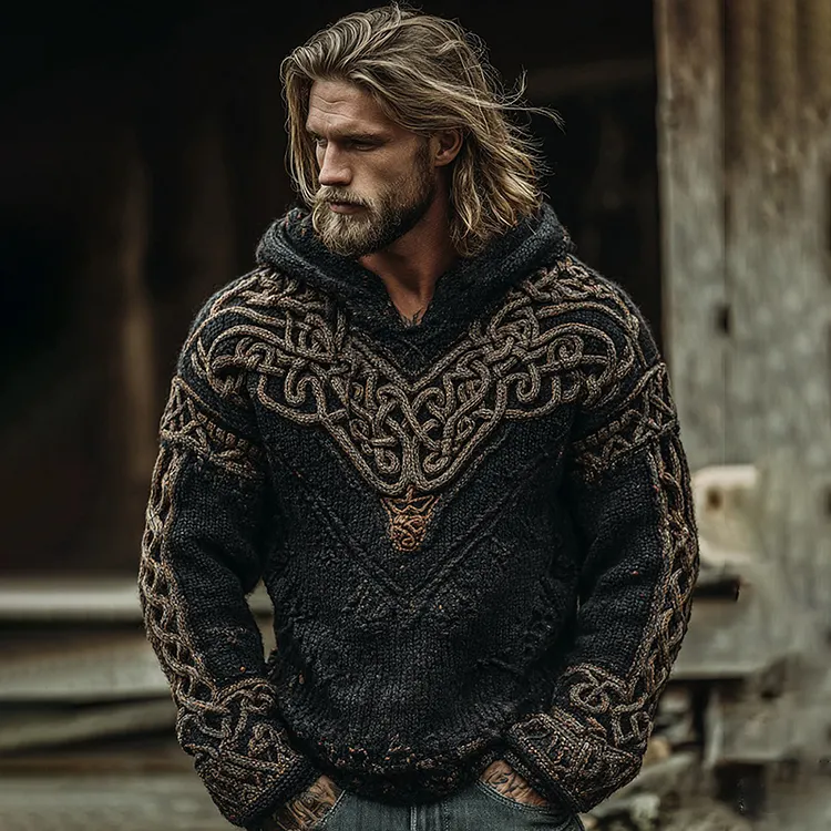 Men's Viking Celtic Knot Jacquard Knit Hoodie Sweater