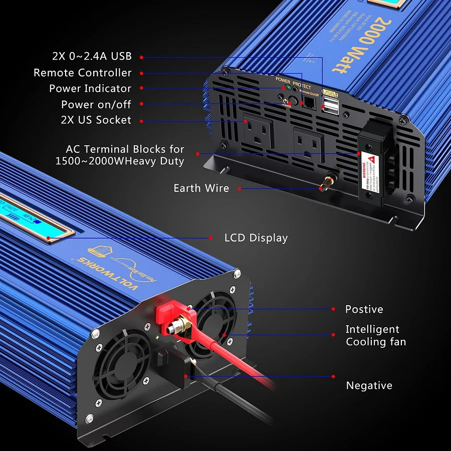 LVYUAN 2000Watts Pure Sine Wave Power Inverter DC 24V To AC 110V 120V Converter 3ac 4usb With Remote Control Lcd Display - View #11