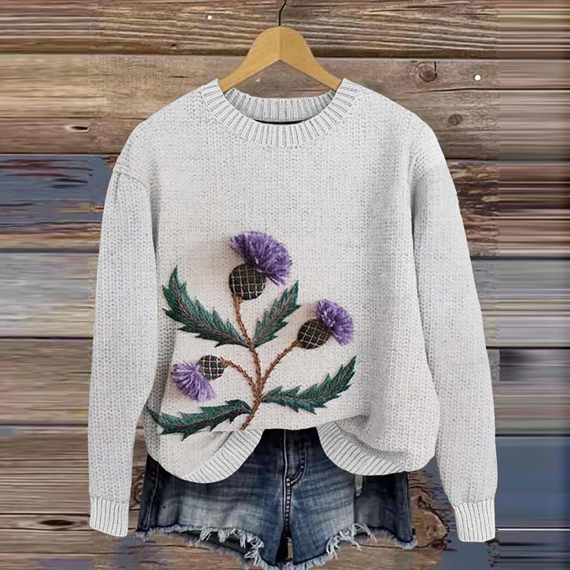 Embroidered Thistle Scotland Floral Embroidered Cozy Sweater