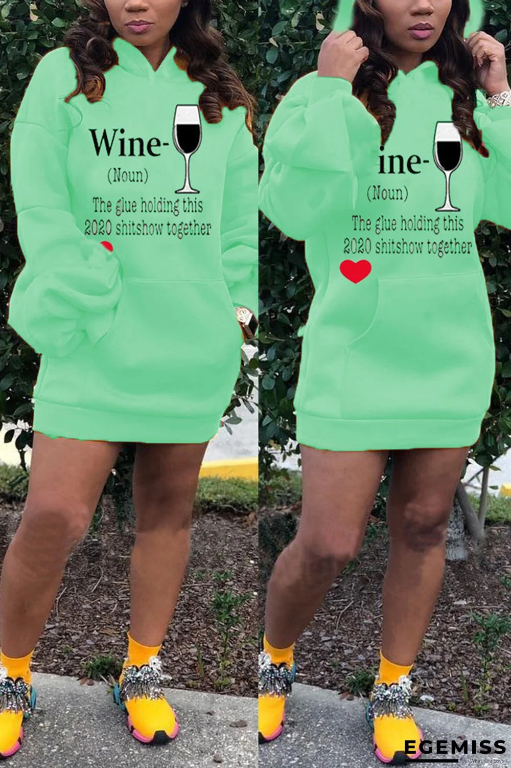 Green Fashion Casual Print Hooded Collar Long Sleeve Mini Pencil Skirt Dresses | EGEMISS