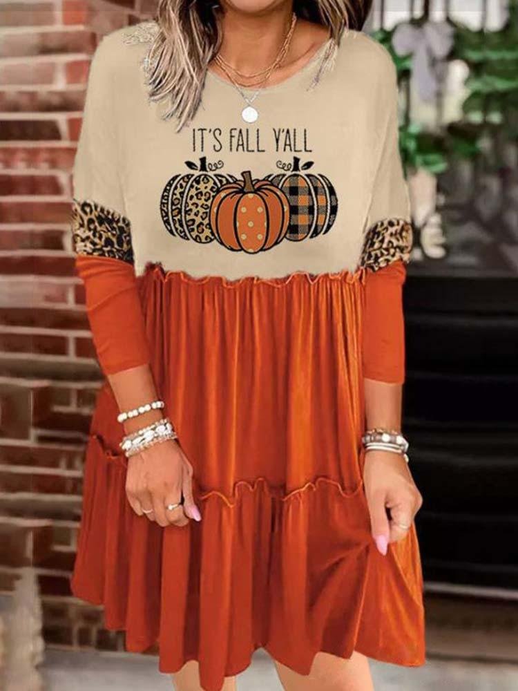 Women's Halloween Pumpkin Leopard Print Long Sleeved Dress