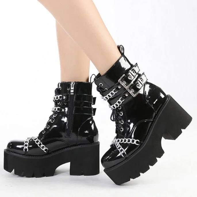 Vstacam Halloween Women Shoes Boots Black Dark Cool Thick Bottom Platform Harajuku Shoes With Metal Chain Gothic Punk Girls Shoes Footwear