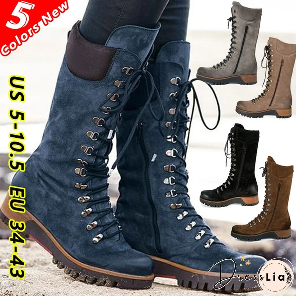 Women Boots Flat Heeled Winter Long Tube Leather Knight Boots Western Cowboy Boots Suede Leather Mid-Calf Anti Slip Waterproof Snow Boots Lace Up Military Combat High Boots