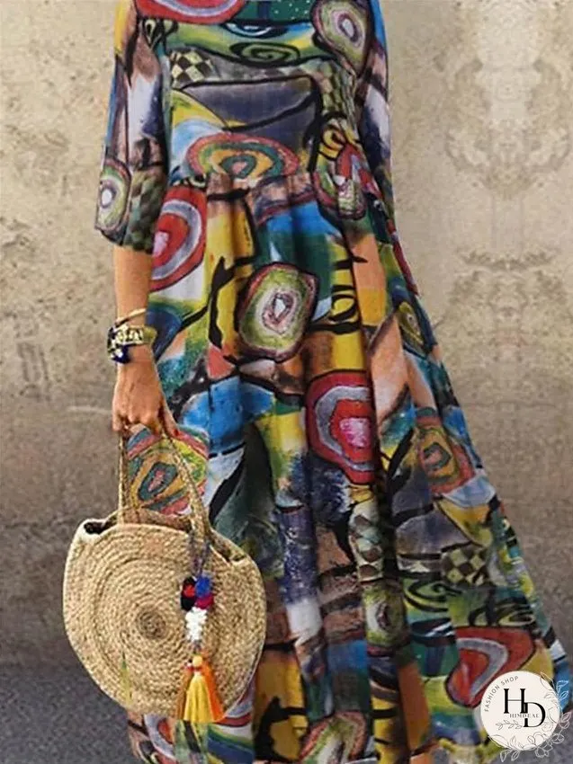 Casual Dress Swing Dress Boho Dress Long Dress Maxi Dress Black Red Half Sleeve Graphic Pleated Winter Fall Spring Crew Neck Fashion Daily Vacation Fall Dress S M L XL 2XL 3XL 4XL 5XL for Women