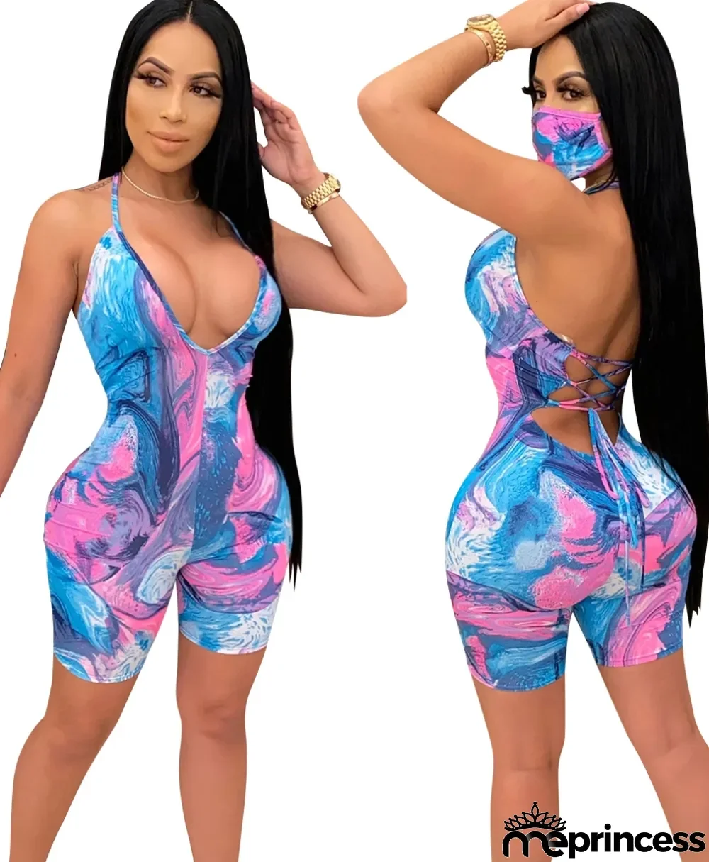 Tie Dye Halter Bodycon Rompers with Matching Face Cover