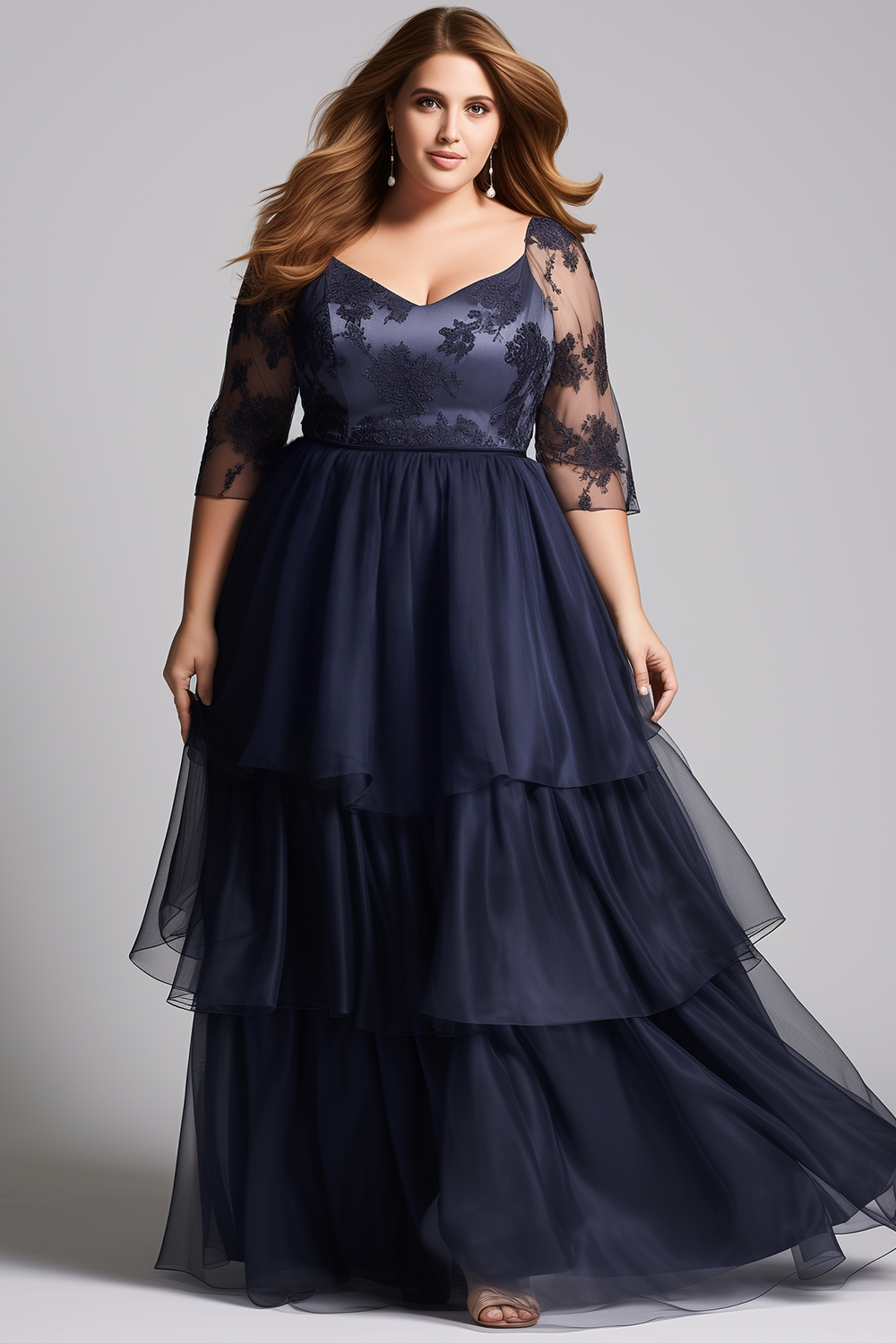 Flycurvy Plus Size Mother Of The Bride Navy Blue Organza Lace Tiered 3/4 Sleeve Maxi Dress