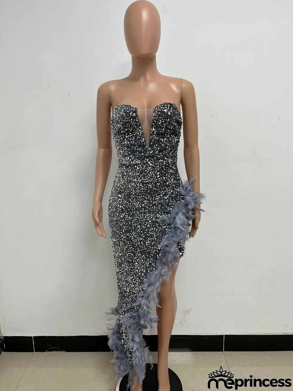 Women Sexy Off Shoulder Backless Sequin Feather Dress